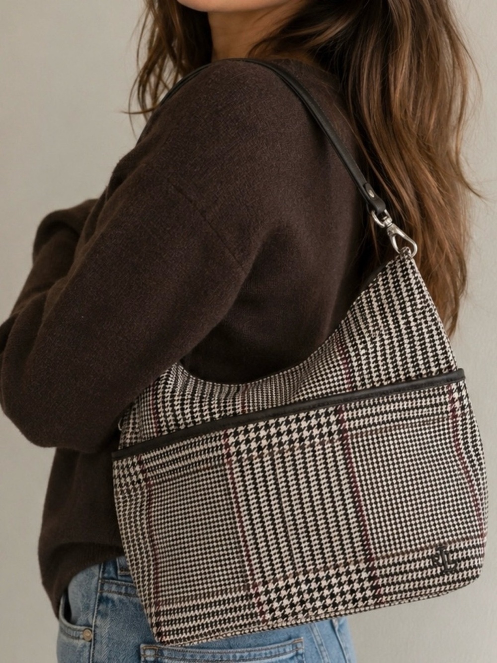 Lauren Ralph Lauren Houndstooth Canvas Shoulder Bag Zip Lined Pockets Leather